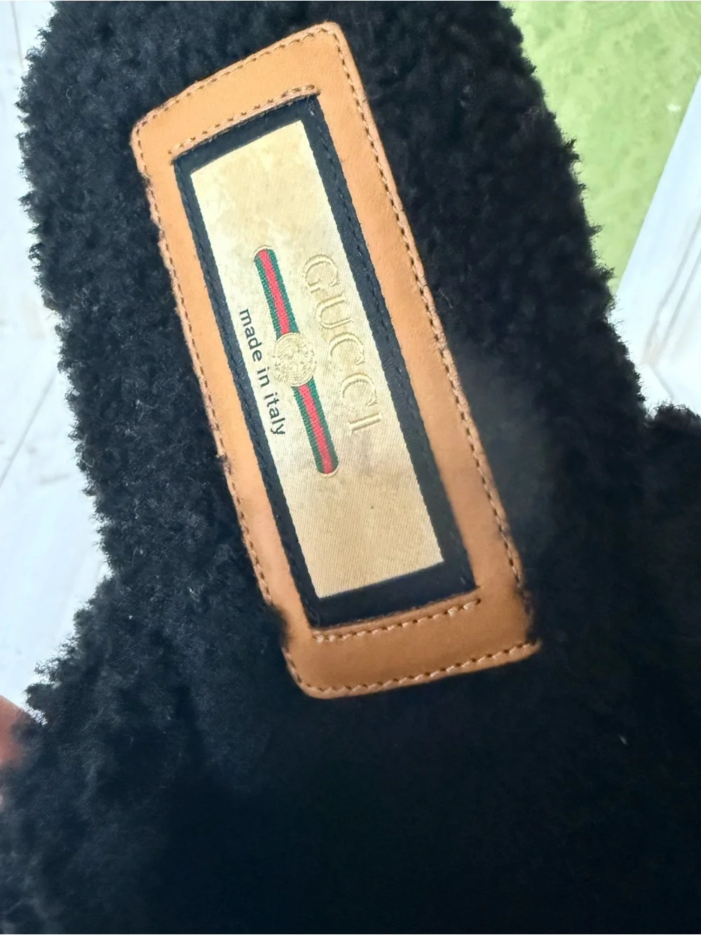 Gucci Faux Shearling Interlocking G Eileen Slipper Mules Black Sz 8G / 8.5US